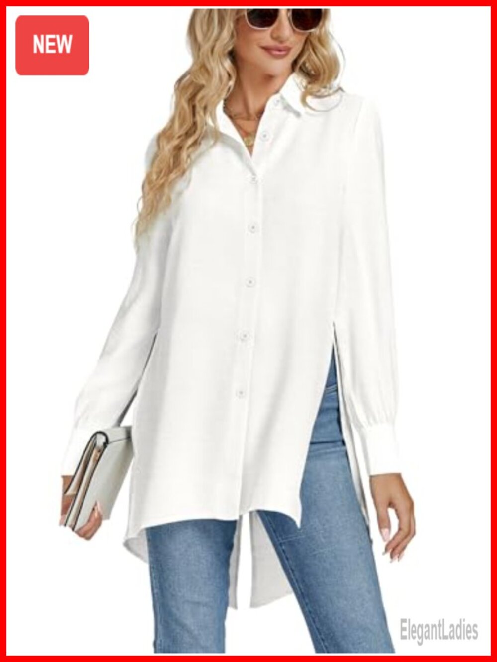 Women's Collar V Neck Long Sleeve Tunic Top Button Down Split Hem Blouse